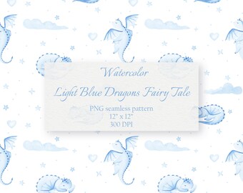 Aquarell Hellblauer Drache Märchen PNG Nahtlose Muster Digitales Papier Baby Wallpapper Design Niedlich Sich wiederholenden Hintergrund Digital Download