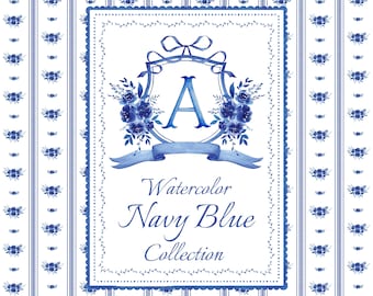 Grand Millennial Navy Blau Blumen Aquarell Clipart Kinderzimmer Kunstwerk Hochzeit Clipart Digital Papier Botanische Wappen Rahmen Muster Rosen