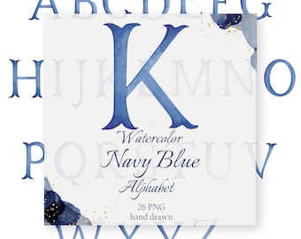Aquarell Monogramm Buchstaben Hochzeitswappen Alphabet Marineblau DIY Crest Baby Initialen Familienwappen PNG Clip Art Babyshower Initialen