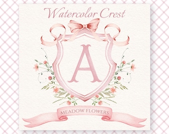 Aquarell Wappen Wiese Blumen rosa Schleife Digitale Papiere Aquarell Clipart Baby Shower Vintage Preappy Mädchen Dekoration Party Einladung PNG