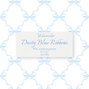 Może przedstawiać: Powtarzający się wzór jasnoniebieskich wstążek i kokardek na białym tle. Obraz zawiera tekst "Watercolor Dusty Blue Ribbons" i "PNG seamless pattern 12" x 12" 300 DPI". Wzór ma wymiary 30,48 cm x 30,48 cm.