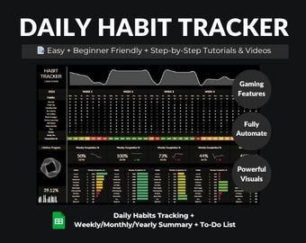 May include: A digital habit tracker with the title "DAILY HABIT TRACKER" in white text on a black background. The tracker includes sections for weekly progress, gaming features, automation, and visuals. Text includes "Easy + Beginner Friendly + Step-by-Step Tutorials & Videos."