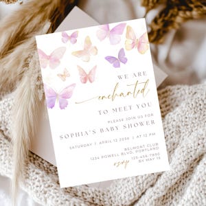 Editable Butterfly Baby Shower Invitation Template Instant Download- Purple Enchanted to Meet You Theme - Whimsical Baby Shower Ideas
