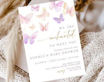 Editable Butterfly Baby Shower Invitation Template Instant Download- Purple Enchanted to Meet You Theme - Whimsical Baby Shower Ideas