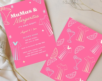 Invitación editable para fiesta de Mumu Margarita, Noche de chicas en casa, Plantilla Canva para noche de mamás, Moomoos y Margs dibujados a mano para Noche de chicas de Evite