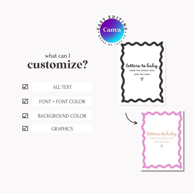 May include: A digital template for baby letters, featuring a wavy frame and the text "letters to baby". Customisation options include text, font, colour, background, and graphics. A Canva logo is visible in the top right corner.