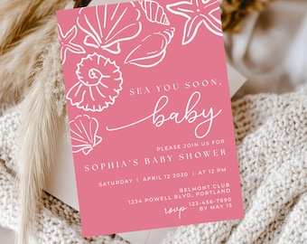 Pink Sea you Soon Baby Shower Invite, Coral Seashell Baby Shower Theme, Editable Coastal Gender Neutral Summer Invitation with Seashells