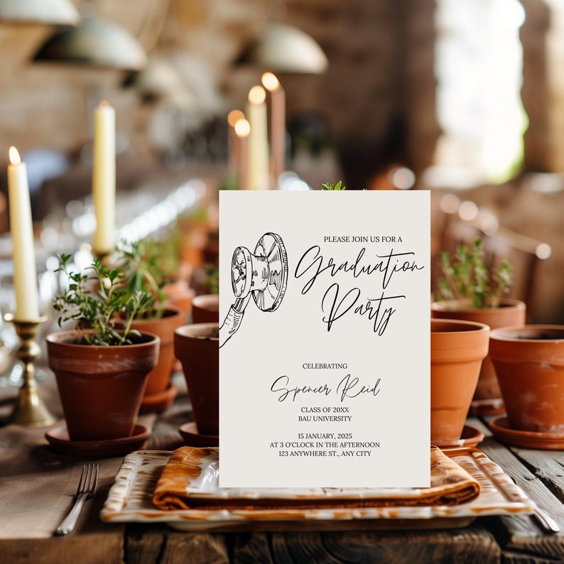 May include: A white graduation party invitation with a black and white illustration of a stethoscope. The invitation reads "Please join us for a Graduation Party", "Celebrating Spencer Reid", "Class of 20XX", "BAU University", "15 January, 2025", "At 3 o'clock in the afternoon", "123 Anywhere St., Any City".