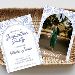 Faire-part de remise des diplômes en toile bleue, modèle modifiable pour la promotion 2025, téléchargement numérique, carte photo et invitation à une fête