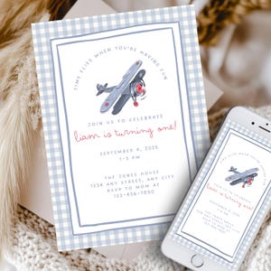 Airplane Birthday Invitation for Boy, Blue Gingham Theme, Editable Digital Invite, Blue Gingham 1st Birthday Boy, Time Flies Pilot Birthday