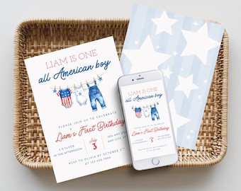 Convite e Evite de Aniversário para Meninos Americanos, Convite para Festa Patriótica, Download Digital para o Primeiro Aniversário de Meninos, Vermelho, Branco e Azul