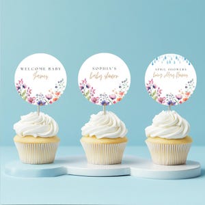 April Showers Bring May Flowers Baby Shower Cupcake Toppers - Editable Template - Instant Download - Spring Floral Design - Shower Bundle