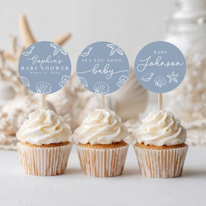Cupcake-dekorationer för babyshower, snäckskalstema för babyshower, redigerbara kustbabyshower-klistermärken, festfavoritetiketter, snäckskalstoppare