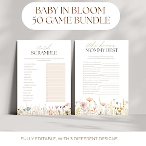 Baby in Bloom Baby Shower Games, Baby Shower Games Bundle, 50 Games Bundle, Fun Baby Shower Games, Editable Canva Template