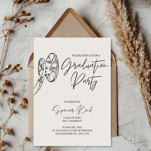 May include: A white graduation party invitation with a black and white illustration of a stethoscope. The text reads "Please join us for a Graduation Party", "Celebrating Spencer Reid", "Class of 20XX", "BAU University", "15 January, 2025", "At 3 o'clock in the afternoon", "123 Anywhere St., Any City".