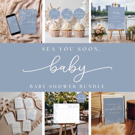 Sea You Soon Baby Shower Bundle, Editable Coastal Games, Invitations & Decor for Beach Theme Party, Seashell Reveal or Sprinkle Mega Bundle