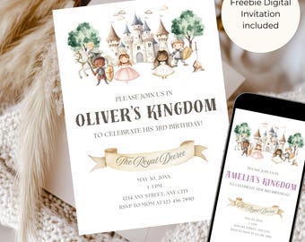 Convite de aniversário de cavaleiros e princesas: modelo do Canva (download digital)