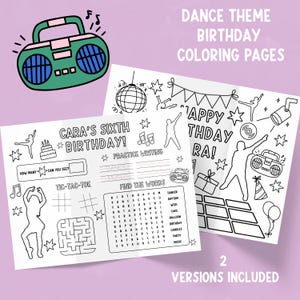 Puede incluir: Páginas para colorear de cumpleaños con temática de baile con una ilustración de una radio verde. Las páginas incluyen el texto "Cara's Sixth Birthday!" y "Happy Birthday Ra!" junto con varias actividades e ilustraciones.