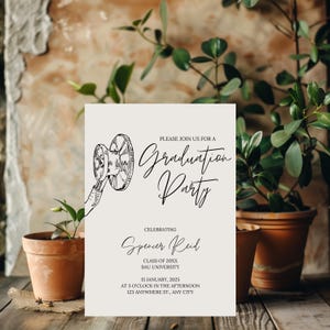 May include: A white graduation party invitation with a black and white illustration of a stethoscope. The invitation reads "Please join us for a Graduation Party", "Celebrating Spencer Reid", "Class of 20XX", "BAU University", "15 January, 2025", "At 3 o'clock in the afternoon", "123 Anywhere St., Any City".