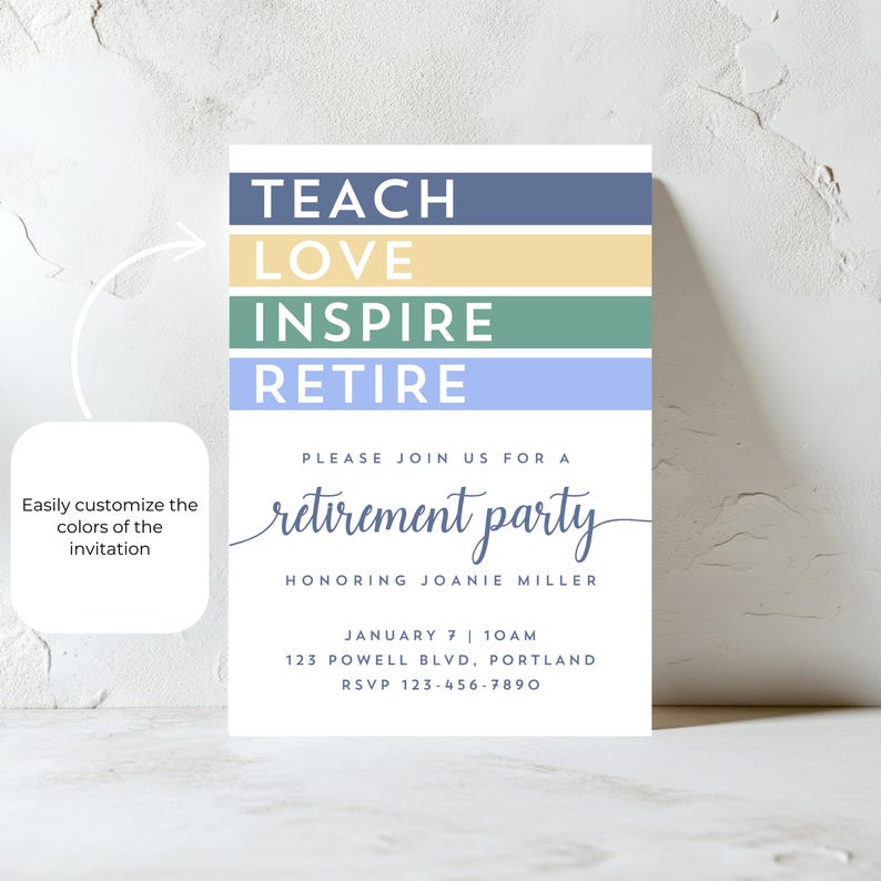 Color Block Teacher Retirement Invitation - Editable Canva Template ...