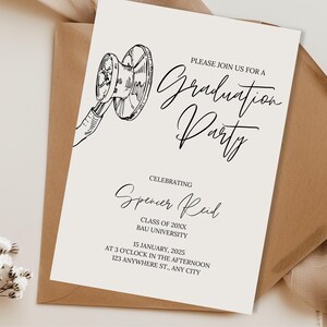 May include: A white graduation party invitation with black text and a black and white illustration of a stethoscope. The text reads "Please join us for a Graduation Party", "Celebrating Spencer Reid", "Class of 20XX", "BAU University", "15 January, 2025", "At 3 o'clock in the afternoon", "123 Anywhere St., Any City".