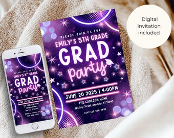 Neon 5th Grade Grad Invite, Editable Graduation Party Invitation, Customizable Digital Download, Fun Party Celebration