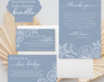 Sea you Soon Baby Shower Invite Bundle, Seashell Baby Shower Theme, Editable Coastal Gender Neutral Summer Invitation with Seashells
