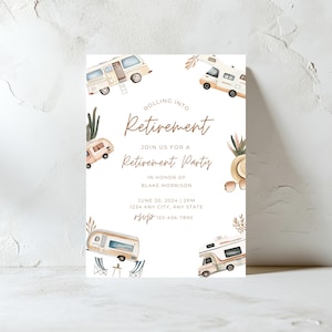 Faire-part retraite campeur - voyage de camping vintage - modèle d'Invitation toile personnalisée - Faire-part fête amusante - inviter retraite camping-car