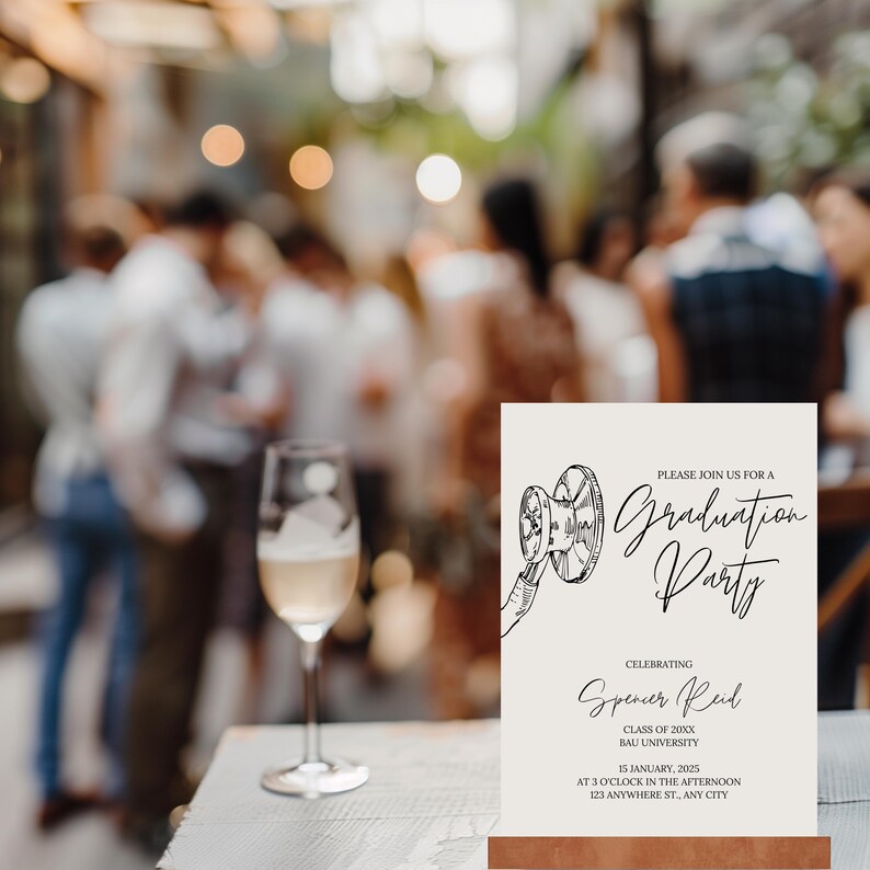 May include: A white graduation party invitation with a black and white illustration of a film reel. The text reads "Please join us for a Graduation Party", "Celebrating Spencer Reid", "Class of 20XX", "BAU University", "15 January, 2025", "At 3 o'clock in the afternoon", "123 Anywhere St., Any City".