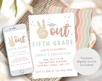 Peace Out 5th Grade Party Invitation, Editable Graduation Invite, Printable Farewell, Instant Download, Elementary, Middle School Grad
