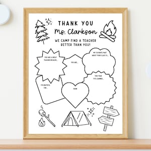 Camp Themed Teacher Appreciation Template, Campfire Thank You Teacher Gifts, Coloring Page for Kids, Digital Download, Customizable Flyer