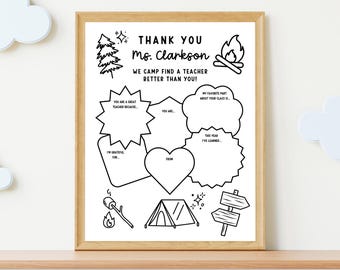 Plantilla de agradecimiento para maestros con temática de campamento, regalos de agradecimiento para maestros con fogata, página para colorear para niños, descarga digital, folleto personalizable