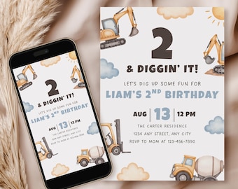 May include: A birthday invitation with a construction theme. The invitation features illustrations of construction vehicles, clouds, and a sun. The text reads "2 & Diggin' It!" and includes the date, time, and location for Liam's 2nd birthday.