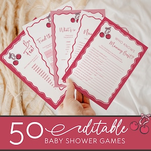 50 Editable Cherry Baby Shower Games Bundle, Cherry on Top Printable Game Pack, Pink Coquette Bow and Cherries Activities, Baby Sprinkle