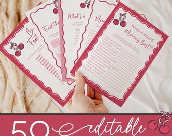 50 Editable Cherry Baby Shower Games Bundle, Cherry on Top Printable Game Pack, Pink Coquette Bow and Cherries Activities, Baby Sprinkle