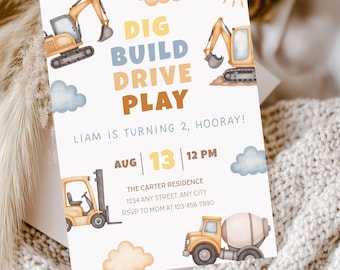 Construction Truck Birthday Invitation: Editable Canva Template (Digital Download, 5x7in Card
