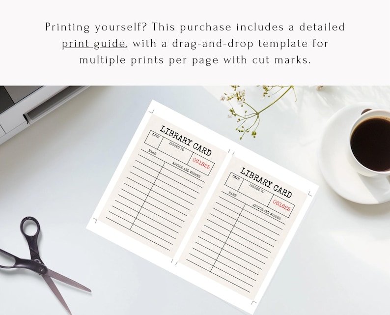 May include: Two cream-colored library cards with black text and lines, featuring the text "LIBRARY CARD" and the number "061825" in red. A pair of scissors and a cup of coffee are also visible.