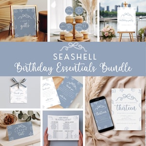 May include: A collection of blue and white seashell-themed birthday party supplies. Includes a sign, cupcake toppers, thank you cards, invitations, and a menu. The text reads "Seashell Birthday Essentials Bundle."