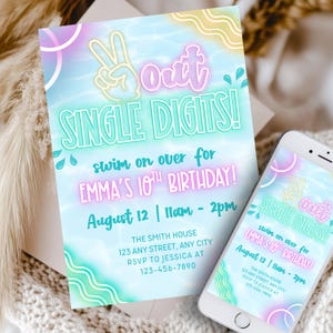 May include: A birthday invitation with a peace sign and the text "Out Single Digits!" in a neon style. The invitation is for Emma's 10th birthday, with the date and time listed. A smartphone displays the same invitation.