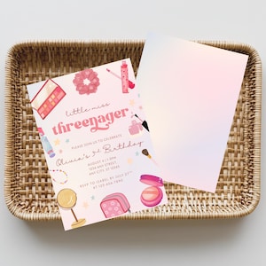 Threenager Makeup Invite, Customizable Digital Birthday Invitation for Girls, 3rd Birthday Spa Party, Third Birthday Threenager Theme