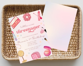 Threenager Makeup Invite, Customizable Digital Birthday Invitation for Girls, 3rd Birthday Spa Party, Third Birthday Threenager Theme