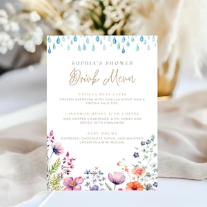 Menús para baby shower con las lluvias de abril y las flores de mayo: plantilla editable, descarga instantánea, diseño floral de primavera, paquete para baby shower