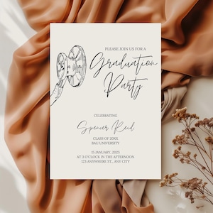 May include: A white graduation party invitation with a black and white illustration of a stethoscope. The invitation reads "Please join us for a Graduation Party", "Celebrating Spencer Reid", "Class of 20XX", "BAU University", "15 January, 2025", "At 3 o'clock in the afternoon", "123 Anywhere St., Any City".
