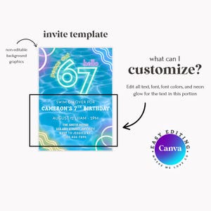 K&ouml;nnte beinhalten: Eine Einladungsvorlage mit blauem Wasserhintergrund, mit dem Text "peace out 67 hello". Die Einladung lautet "Swim on over for Cameron's 7th Birthday" mit Veranstaltungsdetails. Das Canva-Logo befindet sich unten rechts.