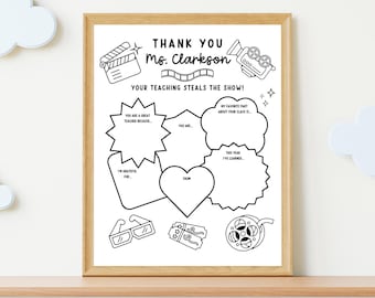 Hollywood Themed Teacher Appreciation Template, Movie Thank You Teacher Gifts, Coloring Page for Kids, Digital Download, Customizable