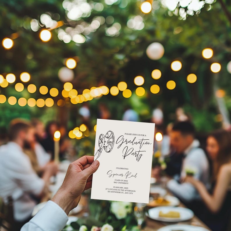May include: A white graduation party invitation with black text and a black and white illustration of a film reel. The text reads "Please join us for a Graduation Party celebrating [Name] Class of 2023 [University] [Date] at [Time] in the afternoon at [Address], [City]".