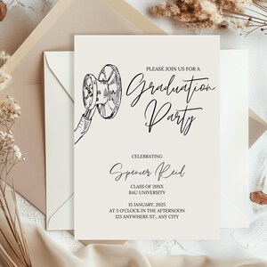 May include: A black and white illustration of a stethoscope on a white card with the text "Please join us for a Graduation Party Celebrating Spencer Reid Class of 20XX BAU University 15 January, 2025 At 3 o'clock in the afternoon 123 Anywhere St., Any City"