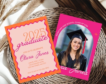 Hot Pink Orange Graduation Invitation, Editable Grad Party Invite, Digital Download Template, Girls Graduation Vintage Invite