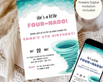 Twister Birthday Invite, Editable Tornado Party Template, Storm Theme Kids Invitation, Instant Download Design, Four-Nado Gender Neutral