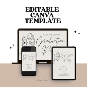 May include: Editable Canva template for a graduation party invitation. The invitation features a black and white illustration of a film reel and the text "Please join us for a Graduation Party".